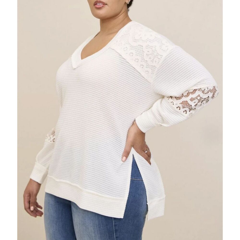TORRID Womens 00 Med/Large Waffle Knit Long Sleeve V Neck Lace Inset Sweatshirt